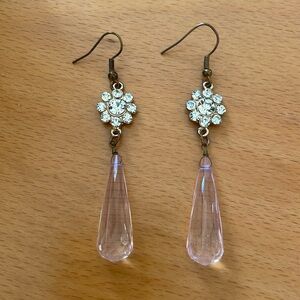 Crystal Flower and Pink Bead Pendant Dangling Hook Earrings